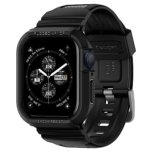 Spigen Rugged Armor Pro Designed for Apple Watch Case with Band Series 9/8/SE2/7/6/SE/5/4 45mm/44mm Protective TPU Cover with Strap - Black
