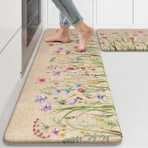 KIMODE Anti Fatigue Kitchen Mat, 17"x47"+17"x29" Floral Kitchen Rugs Sets of 2, Farmhouse Kitchen Floor Mats Non-Slip Cushioned, Comfort Standing Desk Mat for Sink, Laundry,Home Brown