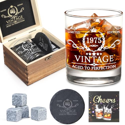 50th Birthday Gifts for Men Whiskey Glass Set - 50th Birthday Decorations, Party Supplies - 50 Year Anniversary, Bday Gifts Ideas for Him, Dad, Husband, Friends - Wood Box & Whiskey Stones & Coaster