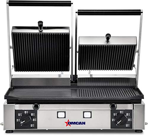 ELITE SERIES 10″ X 19″ DOUBLE PANINI GRILL WITH RIBBED TOP AND 1/2 GROOVED AND SMOOTH BOTTOM GRILL SURFACE
