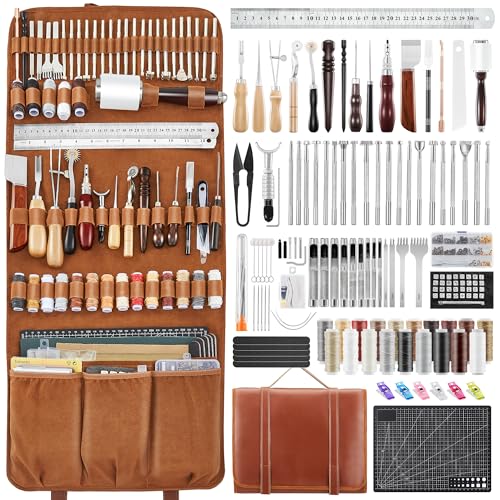 SAKERNEO Professional Leather Working Tools Kit with 52 Stamping Molds, Multi-Size Hole Punch Tool, Engraving/Cutting Mats & Rivet Accessories,Leather Crafting Kit for DIY, Repair & Stitching