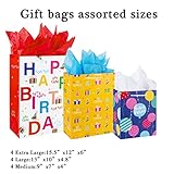 Birthday Gift Bag with Handle and Tissue Paper, 12 Pcs Gift Bags Assorted Sizes and Designs, Large, Medium, Small Size Birthday Gift Bag for Boys, Girls, 13”, 9” )