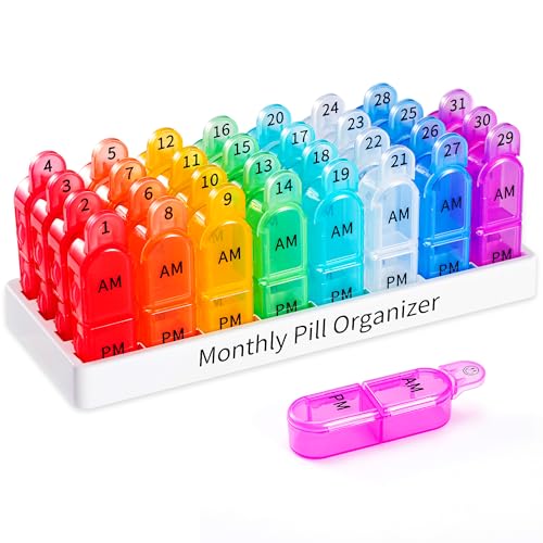 Daviky Monthly Pill Organizer 2 Times a Day - 30 Day Pill Box AM PM, BPA Free One Month Medicine Organizer Twice Daily, 31-Day Case to Hold Vitamins, Supplements & Medication