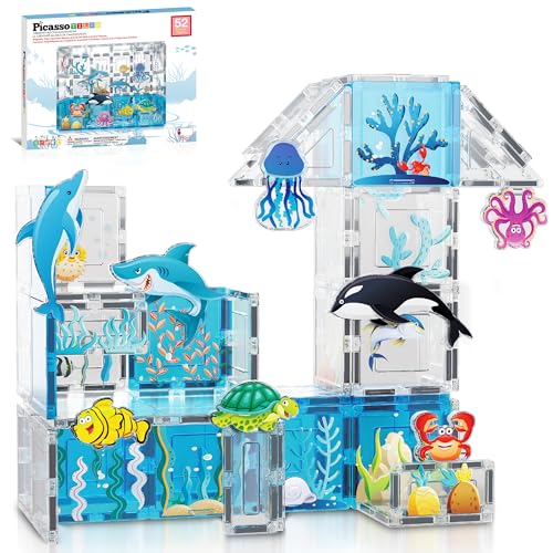 PicassoTiles Magnet Tiles Magnetic Building Blocks Aquarium Marine Animal Theme Set with 8 Character Action Figures Shark Crab Turtle STEM Toys Construction Preschool Toddlers Kids Boys Girls 3+ PTQ15