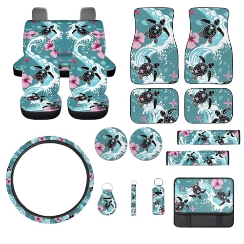 STUOARTE Sea Turtle Hibiscus Print 17 Pcs Car Seat Cover Full Sets, Car Seat Cover Car Floor Mats Steering Wheel Cover Car Armrest Pad Cover Seat Belt Pads Coasters Keychain, Car Accessories