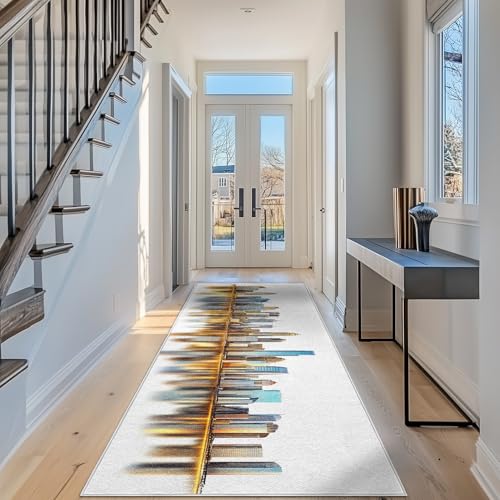 Qpcnovyz Modern Cityscape Runner Rug 2'8''x12' - Non Slip Washable Skyscraper Kitchen Runner Rug, Low Pile Metropolis Panorama Carpet Rug Runners for Hallways, Entryway and Bedroom, Indoor Area Rug