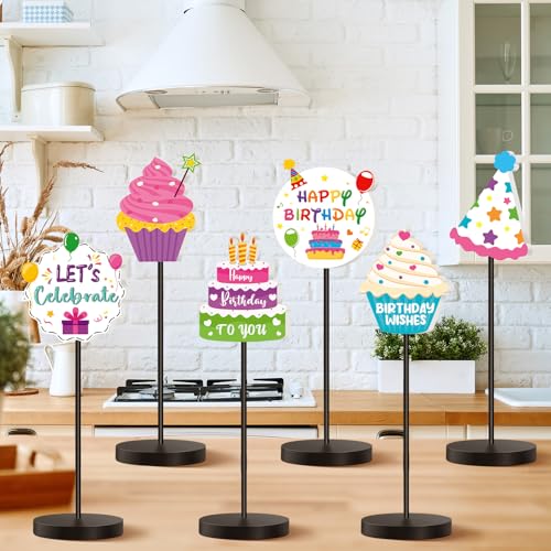 DoubleFill 6 Pcs Colorful Birthday Party Decoration Happy Birthday Table Standing Sign Decor for Centerpieces Celebration Wooden Sign Single-sided Printed Tabletop Decor for Party Favor Supplies