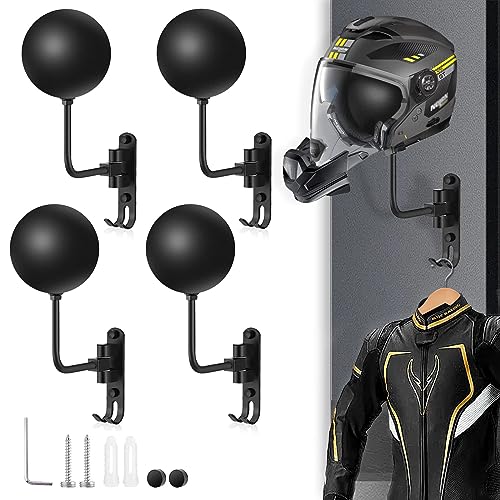 Motorcycle Helmet Rack Wall Mount 180 Degree Rotation Metal Bike Helmet Holder Mount Bicycle Helmet Display Hanger Stand with 2 Hooks for Motorcycle Bike Baseball Rugby Helmet - Black, 4 Pcs