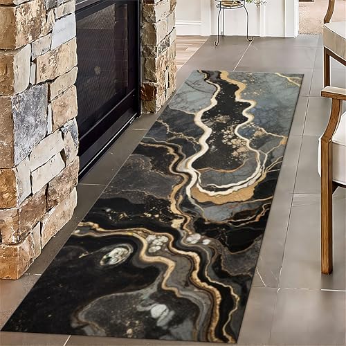 Gray Gold Marble Runner Rug, 2x6ft, Modern Abstract Texture Long Hallway Rug Runners, Ultra Soft Foldable No Crease Floor Mat, Low Pile Cozy Easy Clean Carpets for Porch Bedside Office