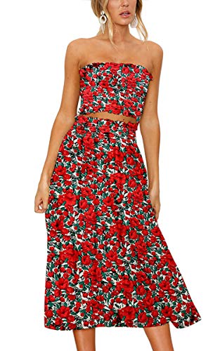 Angashion Women's Floral Crop Top Maxi Skirts Set 2 Piece Outfit Dress 2134 Red M