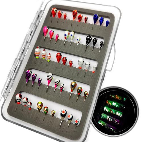 VMSIXVM 45Pcs Tungsten Ice Fishing Jigs Lures Kit, Micro Glow Tungsten Winter Jig Heads Hooks for Walleye Crappie Panfish Trout, Ice Fishing Gear Equipment Tackle Accessories