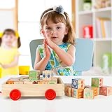 Joqutoys Wooden Building Blocks for Toddlers 1-3, Large Wood Baby Stacking Blocks Set for Kids, 30 PCS Alphabet Blocks with Toy Wagon, Educational Wooden Toys for Boys Girls Gifts 1.65"