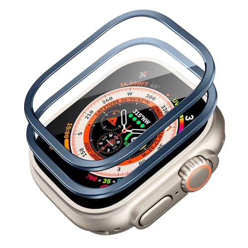 ESR 2 Pack Armorite Screen Protector for Apple Watch Ultra 2/1 (2024/2023/2022, 49 mm), Military Grade Protection, Tempered Glass Film with Aluminum Alloy Frame, Keep Original, Anti-Scratch, Blue