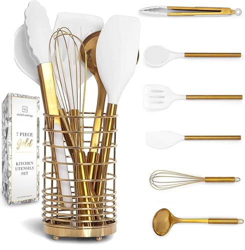 Gold Kitchen Utensils Set – 7-Piece White Silicone Cooking Tools with Gold Utensil Holder – Luxury Kitchen Accessories for Stylish Cooking and Serving, Ideal for Gifting