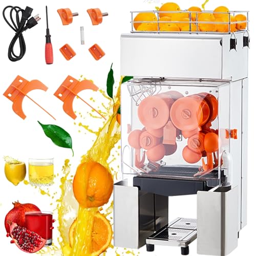 Automatic Commercial Juicer Machine, 110V Automatic Feeding Juice Extractor, 120W Orange Squeezer for 20-30 per Minute, with Pull-Out Filter Box SUS 304 Tank PP Cover and Two Peel Collecting Buckets
