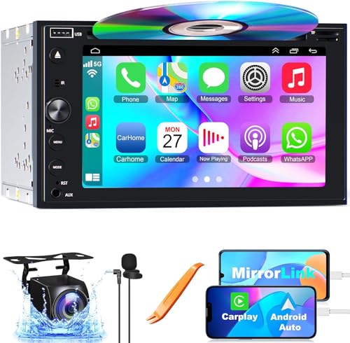 Double Din Car Stereo with Carplay & Android Auto, Adapter-Universe 7 Inch Car Radio with CD/DVD Player Support Back up Camera, Bluetooth & Voice Control, Mirror Link, Subwoofer, SWC, Subwoofer, AM/FM