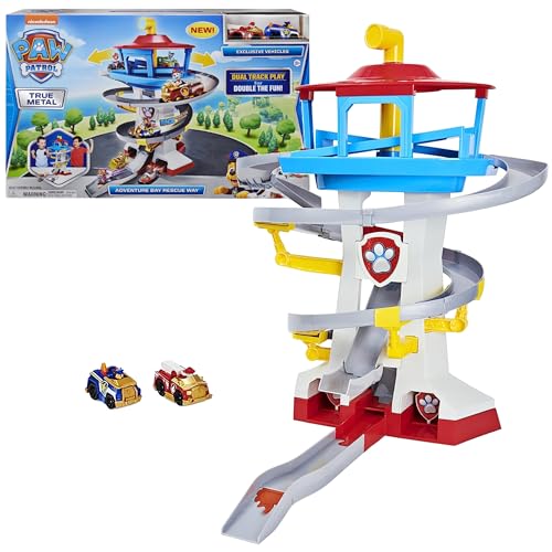 Paw Patrol Adventure Bay Lookout Tower Playset With 2 Die-Cast 1:55 Vehicles (Chase and Marshall): Twin Track Rescue Way 25 Pc Set With Launching Periscope - Accommodate Up to 6 True Metal Racing Cars