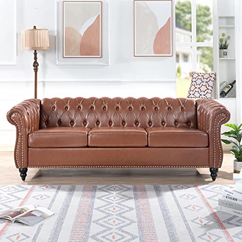 Ball & Cast 84" Chesterfield Leather Sofa with Channel Tufted Seat Back,Classic 3 Seater Couch w/Roll Arm Nailhead Trim and Upholstered,Mid Century Furniture for Living Room,Bedroom,Office,Brown PU
