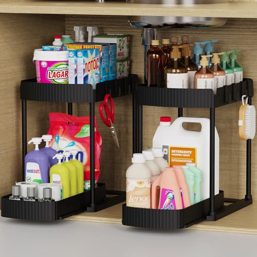 Ukeetap 2 Pack Multi-Purpose Pull-Out Storage Organizers, Under Sink Organizers and Storage for Bathroom & Kitchen, Under Cabinet Organizers and storage, 14.8 Inch, Black