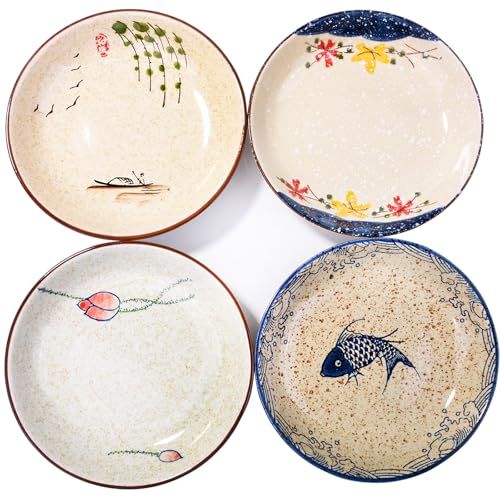 7 Inch Japanese Retro Ceramic Dinner Plates Set of 4 Asian-Inspired Dinnerware with Unique Hand-Painted Patterns, Microwave & Dishwasher Safe