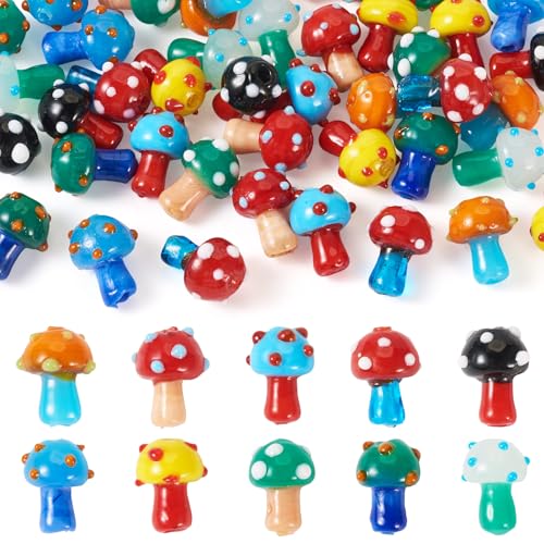 Cheriswelry 50Pcs Mushroom Lampwork Beads Cute Mushroom Glass Loose Spacer Beads Handmade Bumpy Beads 10 Colors 15-16.5mm for DIY Craft Bracelet Earring Necklace Jewelry Making