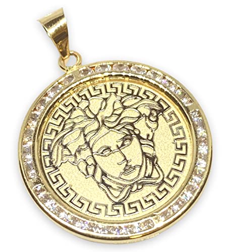 33 MM LONG CZ GREEK BEAUTY LADY MEDUSA FACE HEAD PENDANT CHARM REAL10K YELLOW GOLD SG2140