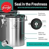 Coffee Canister - Coffee Gator Stainless Steel Coffee Container - Fresher Beans and Grounds for Longer - Date-Tracker, CO2-Release Valve and Measuring Scoop - 2-Pack, Silver/Gray