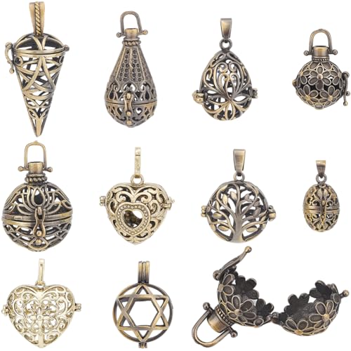 SUNNYCLUE 1 BOX 10PCS Brass Stone Holder Cage Pendants Locket Charms Metal Antique Bronze Hollow Diffuser Chime Ball Tree of Life Openable Charms for Jewelry Making Charms Women Diy Necklaces Craft