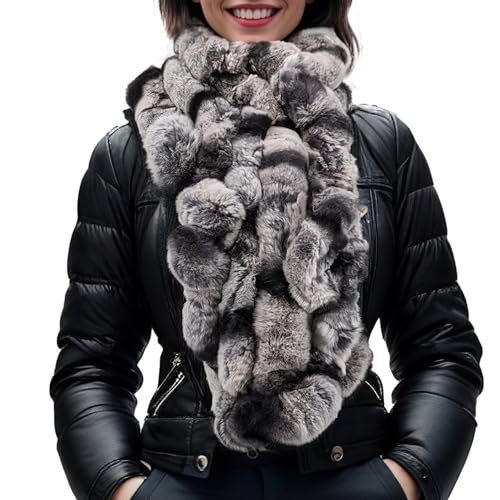 LVCOMEFF Women Natural Rex Rabbit Fur Scarf Furry Neck Warmer Outdoor Classic (chinchilla)