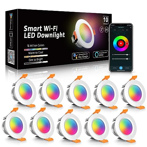 LightingWill 2 Inch LED Recessed Lighting, Smart WiFi LED Downlight, 5W LED Ceiling Light Compatible with Alexa/Google Assistant, Dimmable RGB & 2700K-6500K, 120V with LED Driver (10 Pack)