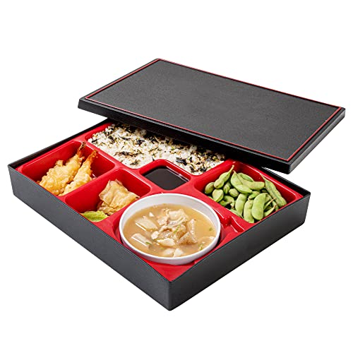 Restaurantware-12.2 x 9.8 x 2.4 Inch Compartment Lunch Container, 1 Japanese Style Lunch Container - 6 Compartments, With Bowl, Black & Red Plastic Divided Meal Box, Greaseproof, Hot & Cold Food
