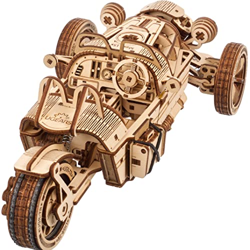 UGEARS Wooden 3D Puzzles for Adults - Three-Wheeler UGR-S Motorcycle Model Kit with Spring Motor, Functional Steering and Chain Drive – DIY Model for Motorcycle Enthusiasts 457 Pcs