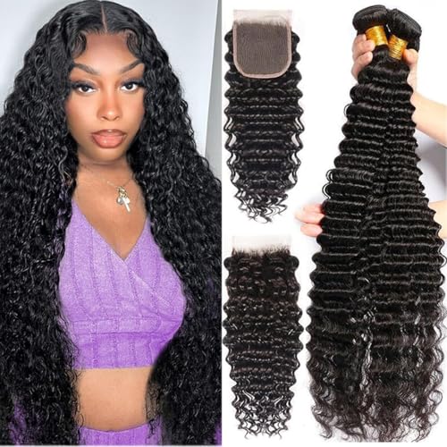 Human Hair Bundles with Closure (22 24 26+20 Closure) Deep Wave Bundles with Closure 100% Unprocessed Brazilian Virgin Curly Closure with Bundles Human Hair Weave with 4x4 Lace Closure Natural Color