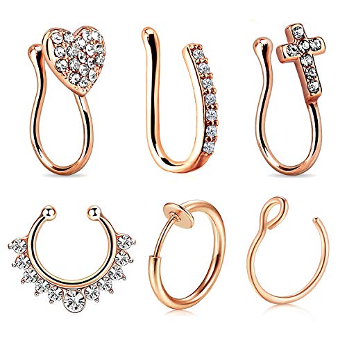 JFORYOU 6Pcs Fake Nose Rings, 16G Stainless Steel Inlaid CZ Faux Piercing Jewelry, Spring Clip on Circle Hoop No Pierced Septum Nose Ring For Women, Men