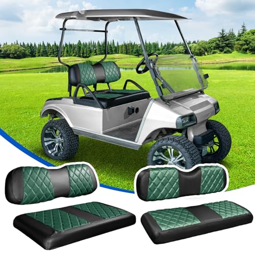 NOKINS 4PCS Golf Cart Diamond Seat Covers Kit, Front and Rear Seat Covers Fits Club Car DS 2000.5-Up Standard Seat Cushion, Club Car DS Vinyl Seat Covers Accessories (Dark Green and Black)