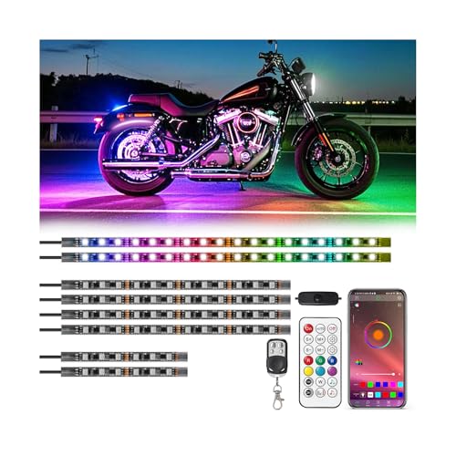 8Pcs RGB+IC Motorcycle LED Lights with APP/RF Remote Chasing Color Modes, Motorcycle LED Underglow Kit with Brake Turn Signal, 12V Waterproof Pixelglow Effect Neon Strip Lights for Harley Kawasaki