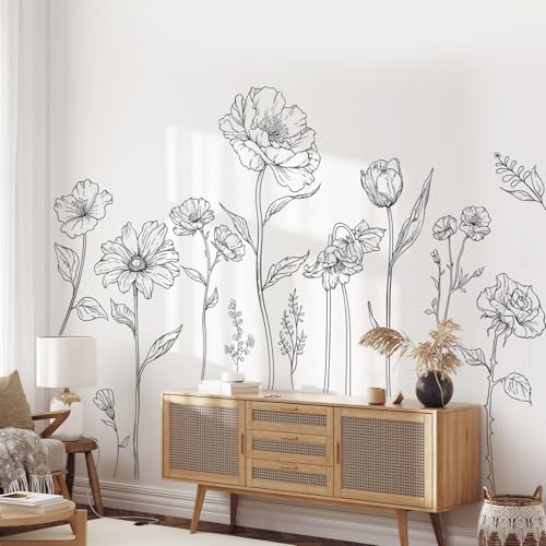 Large Black Boho Flower Wall Decals Simple Sketch Floral Wall Stickers Wildflower Peel and Stick Wall Art Decor for Girls Bedroom Living Room Office Adult Home Decor