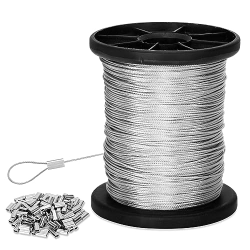 316 Stainless Steel Cable, 400FT 1/32IN Wire Rope with 100Pcs Aluminum Sleeves Stops, for String Lights Hanging, Clotheslines, Trellis Wire