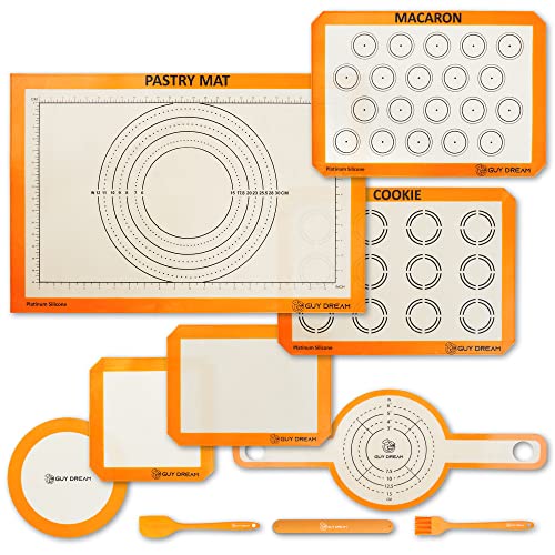 GUY DREAM All-in-One Silicone Baking Mat Set - Kneading Mat, Cookie & Macaron Half Sheet Mat, 1/4 Sheet Mat, Square & Round Cake Mats, Artisan Bread Mat - Ideal Gift for Baking