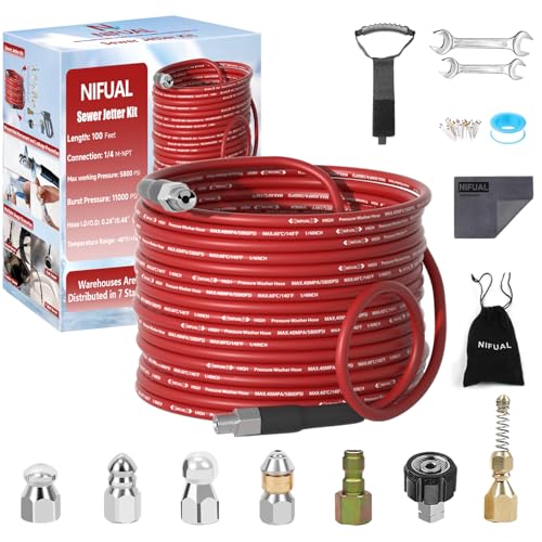 NIFUAL Pressure Washer Cleaning Kit Sewer Jetter Kit for 1/4 Inch NPT Corner Max Working Pressure Drain Cleaner Hose 5800 PSI Durable Sewer Blasting Hose 5 Sewer Blasting Nozzles… (100FT)