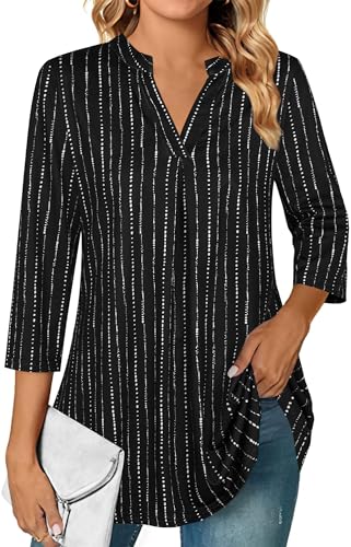 Ninedaily Business Casual Tops, Spring Work Trendy Blouses for Women Fashion 2025 Fall 3/4 Sleeve Tunic Ladies Shirts Office Attire Workwear Professional Job Interview Outfits, Black Striped, Size L