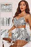 Avidlove Sexy Roleplay Lingerie Belly Dance Hip Skirt with Bra Top Sequins Rave Party Costume for Women Silver XXL