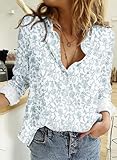 Astylish Linen Top for Women Floral Print Lightweight Comfy Blouses & Button-Down Shirts Sky Blue Medium