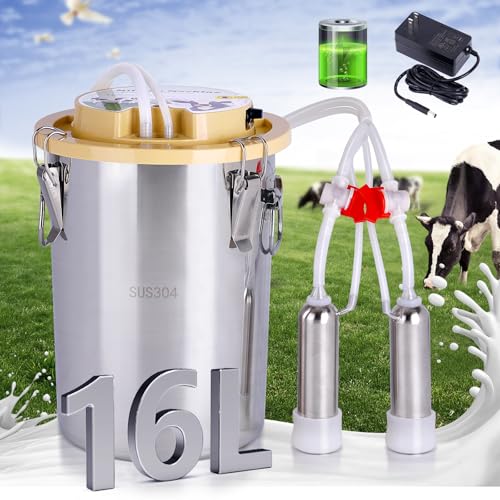OUJIMAI 16L Cow Milking Machine Portable Automatic Cow Milker Machine Rechargeable Battery Powered Milking Machine for Cows with Powerful Pulsation Vacuum (16L for Cow)
