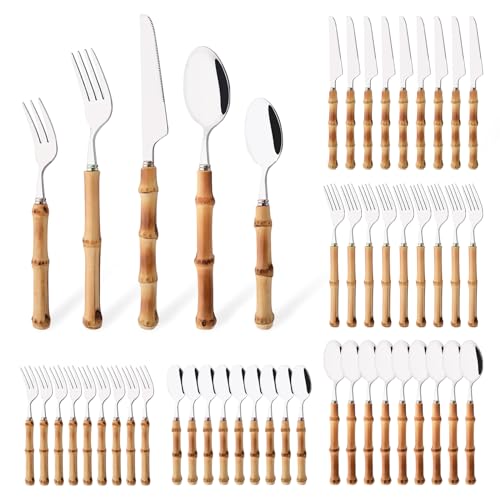 Uniturcky 50PCS Silverware Set for 10, Bamboo Handle Flatware Set, Stainless Steel Cutlery Set for Home Restaurant and Party, Bamboo Forks Spoons and Knives Set, Polished Tableware