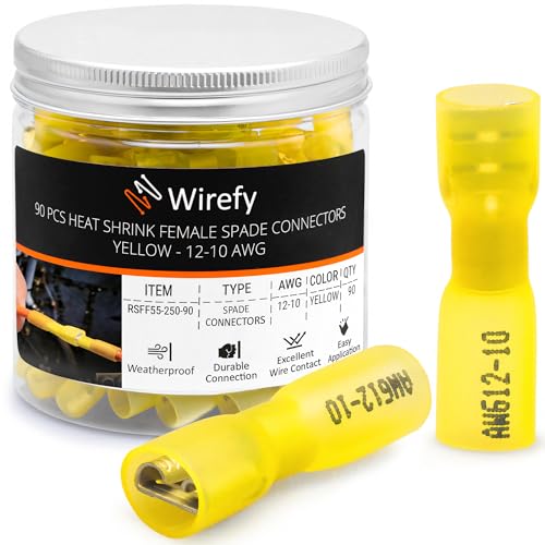 90 PCS Wirefy Female Spade Connectors - Heat Shrink Spade Connector Kit - Quick Disconnect Wire Connectors - Electrical Spade Terminals - Yellow 12-10 Gauge