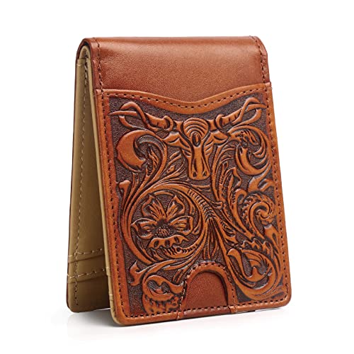 Pefiam Full Grain Leather Bifold Wallet for Men - 11 Slots, RFID Blocking, Western Cowboy Gifts for Men - Brown