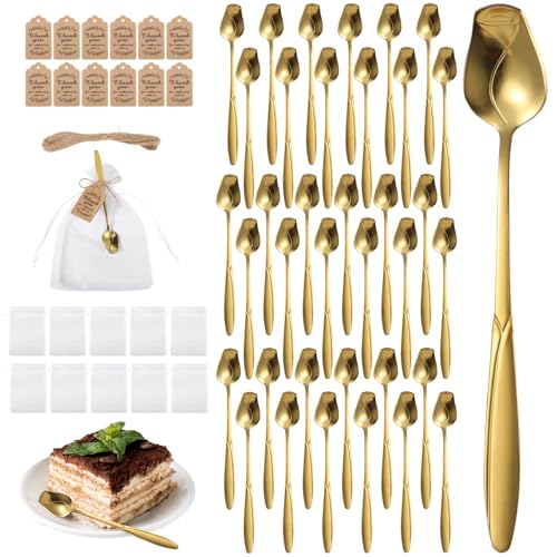 50 Sets Rose Flower Shaped Tea Spoons, Wedding Party Favors for 50 Guests, Golden Rose Dessert Spoon with Thank You Tag & Organza Bag, Exquisite Mini Teaspoon Set, Bridal Shower Keepsakes