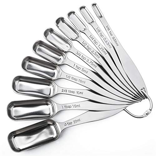 FANGSUN Stainless Steel Narrow Measuring Spoons, Heavy Duty Metal Measuring Spoons with Long Handle and Engraved Measurements Set of 10, For Dry or Liquid, Fits in Spice Jar