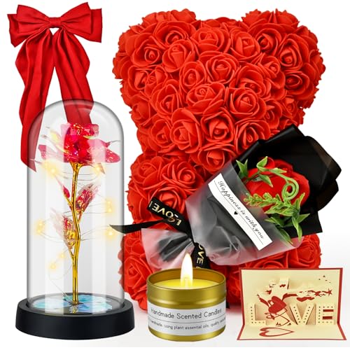 Jibeufi 6 in 1 Romantic Gifts for Her, Flower Rose Bear Birthday Gifts for Girlfriend Women Mom Kids Daughter, Wedding Gifts, Teddy Bear for Women (Rose Red)